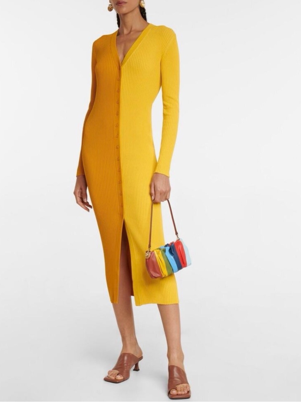 STAUD Two-Tone Ribbed Button-Front Maxi Dress in Honey Goldie M